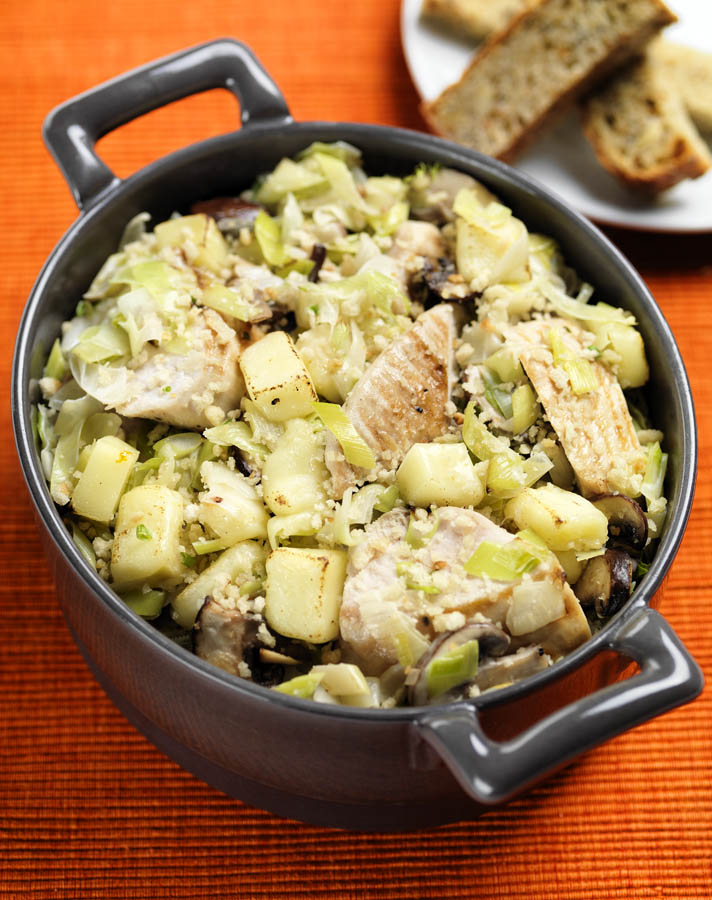 JeanChristophe Novelli's Chicken, leek, Port Salut and mushroom