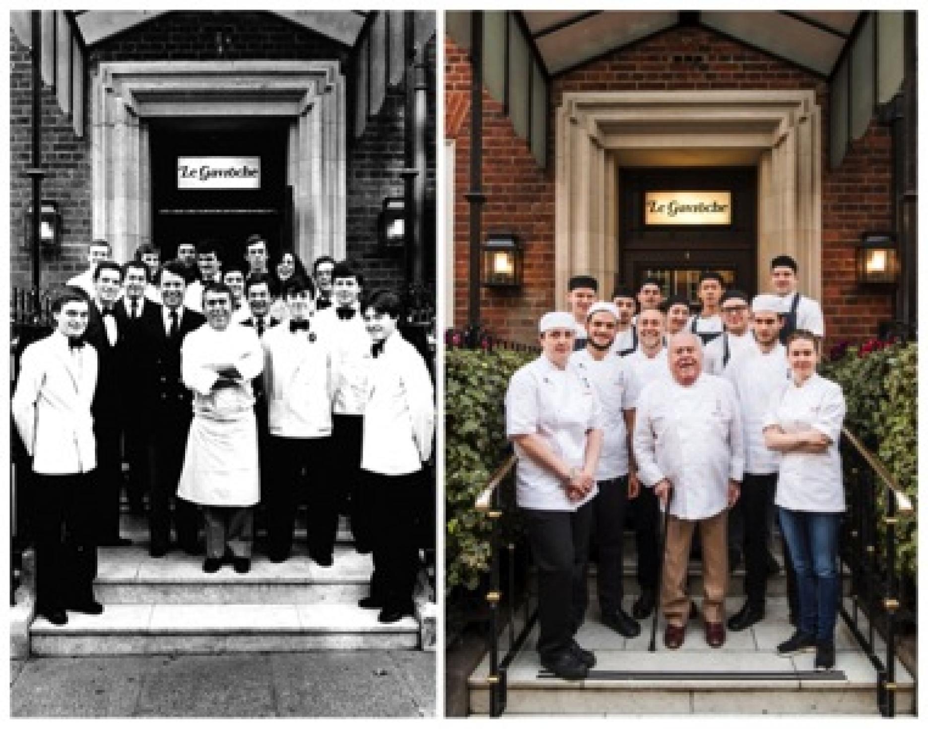 L: Albert Roux and team, 1967 R: Albert Roux, Emily Roux, Michel Roux Jr and team 2017 L: Albert Roux and team, 1967 R: Albert Roux, Emily Roux, Michel Roux Jr and team