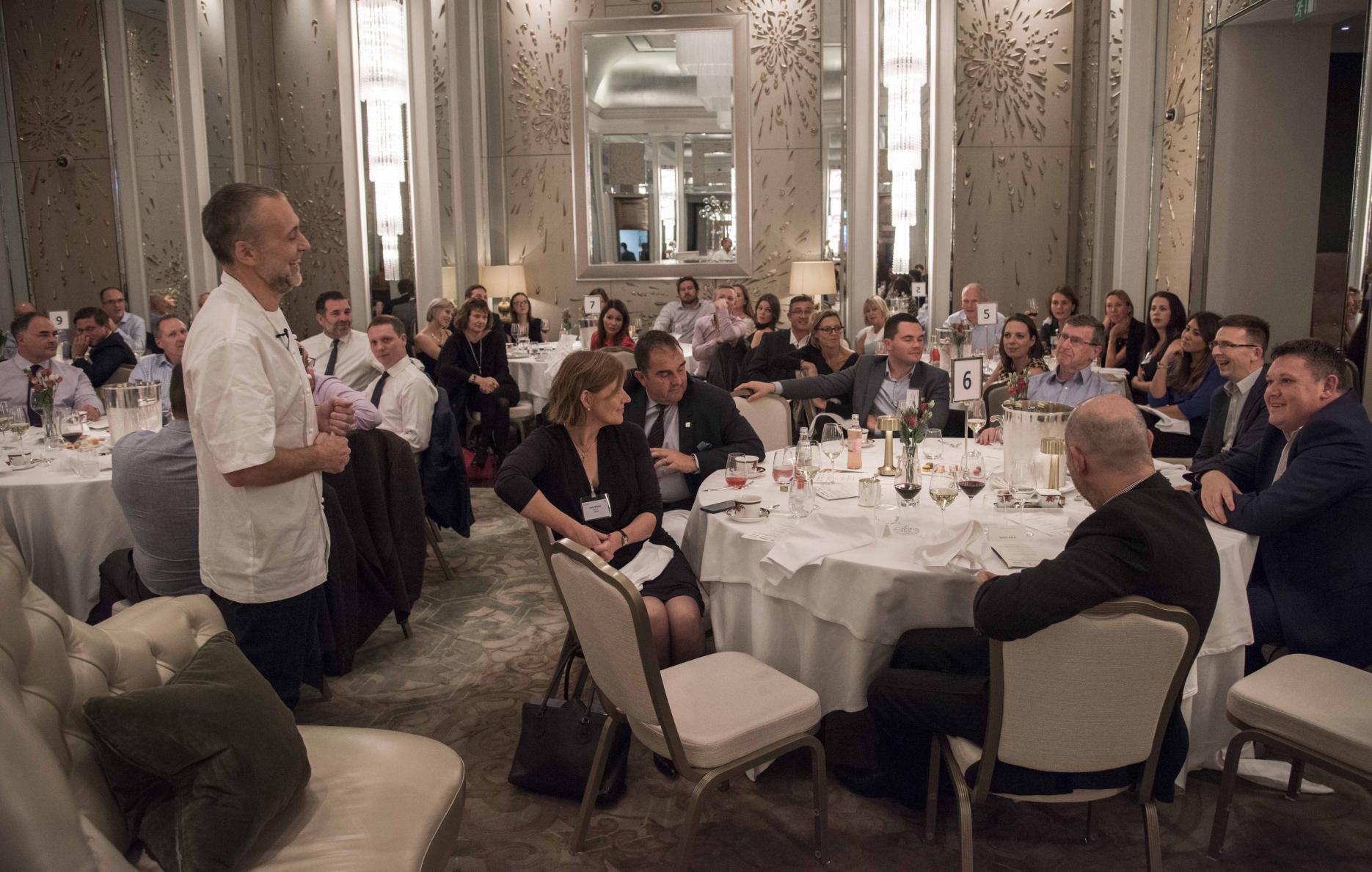 Michel Roux Jr with the Arena audience at The Langham Michel Roux Jr Langham Arena