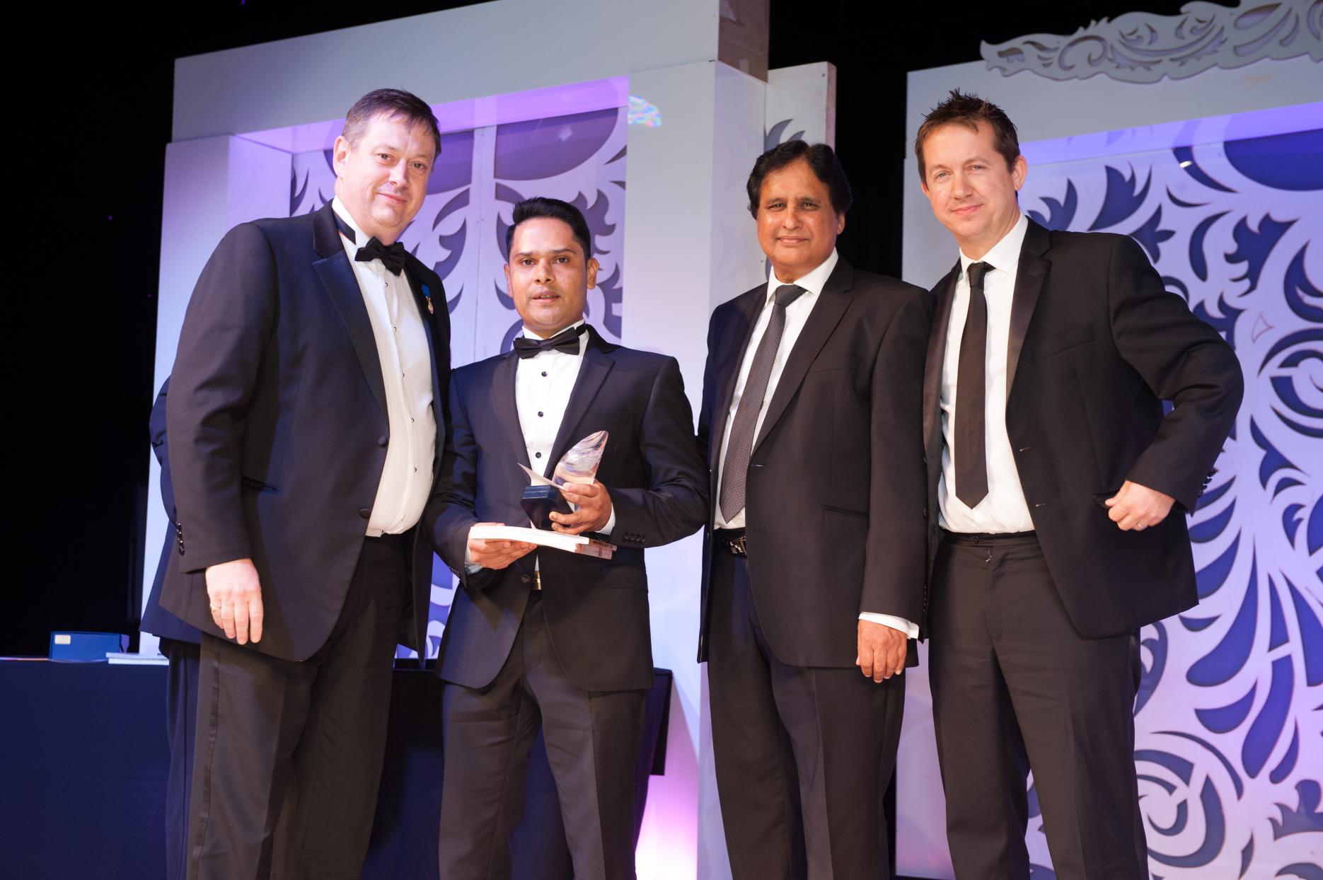 Craft Guild vice president Andrew Guild, winner Mushfiqur Rahman, Aagrah Group vice chairman Zaffa Iqbal, and Damon Swarbrick, CEO of Kingfisher Europe Image of Craft Guild vice president Andrew Guild, winner Mushfiqur Rahman, Aagra