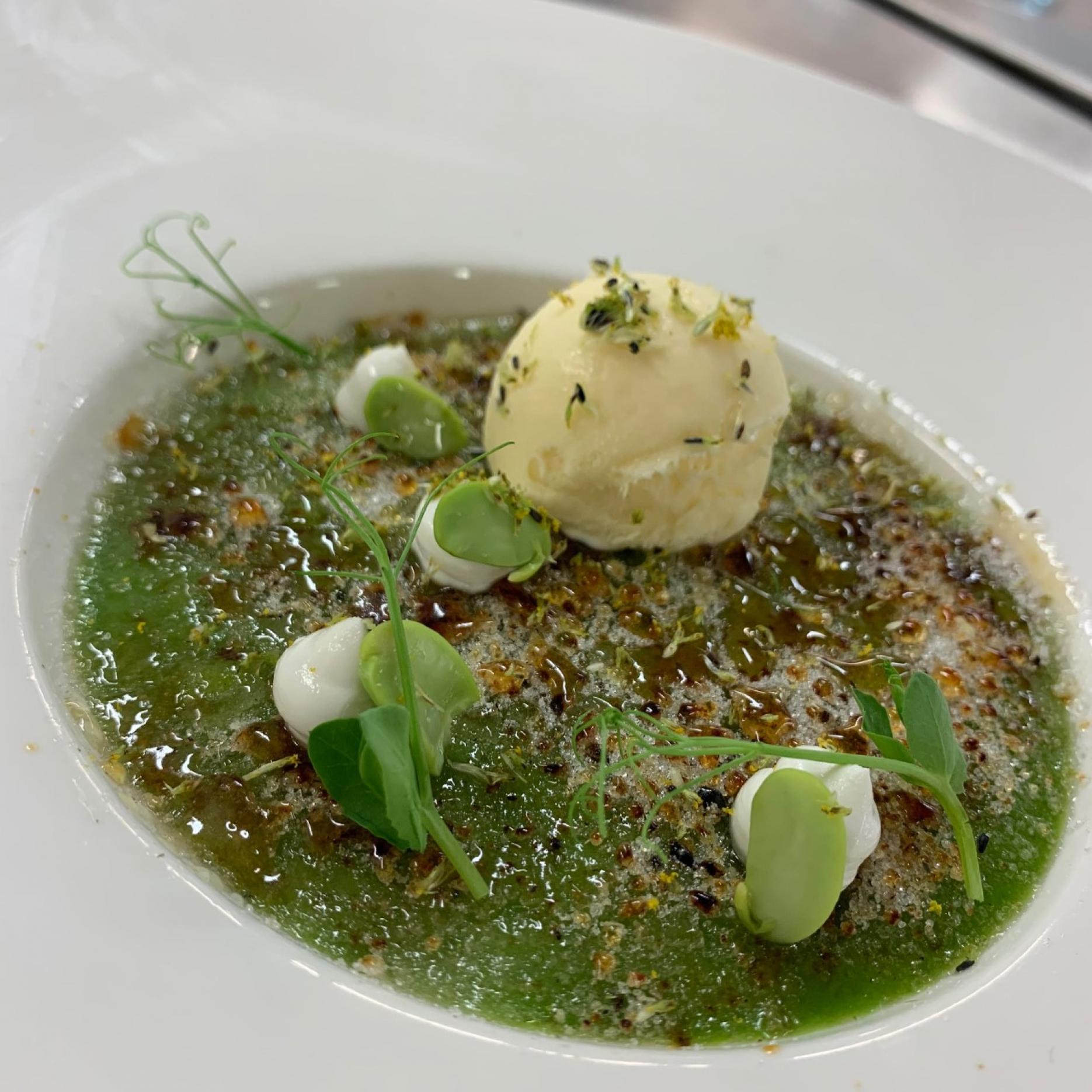 ‘Savoury edamame bean and Sechuan sugar crème brulee, savoury Sechuan lemon ice cream, goats curd and affila cress’ by Darren Creed ‘Savoury edamame bean and Sechuan sugar crème brulee, savoury Sechuan lemon ice cream, goats curd and affila cress’ by Darren Creed