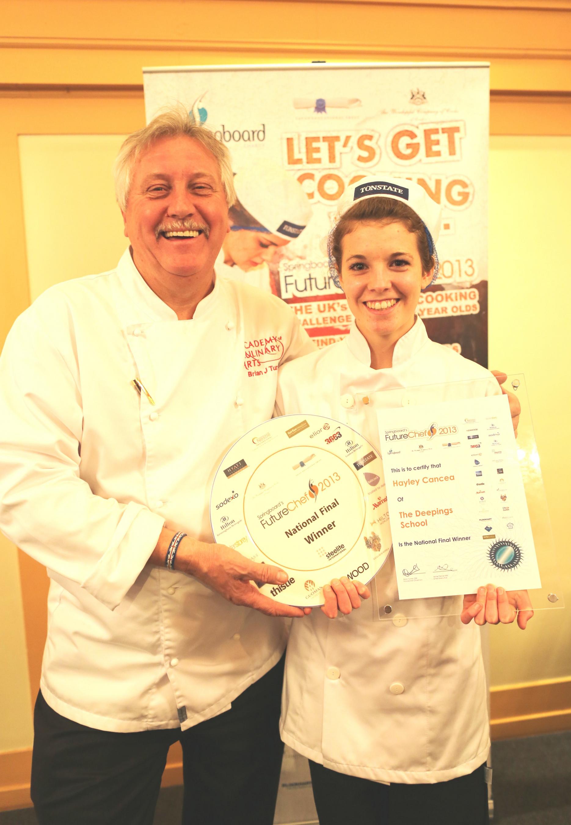 Brian Turner CBE, FutureChef’s chairman & last year's winner, Hayley Cancea from East of England