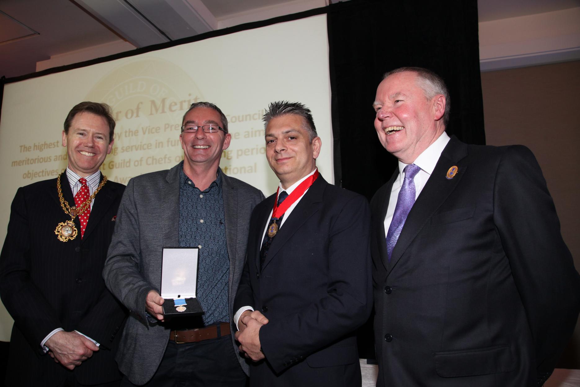 L-R Tony Johnstone-Burt, David Mulcahy, Chris Basten, Steve Scuffell Sodexo culinary director awarded Craft Guild of Chefs Order of Merit