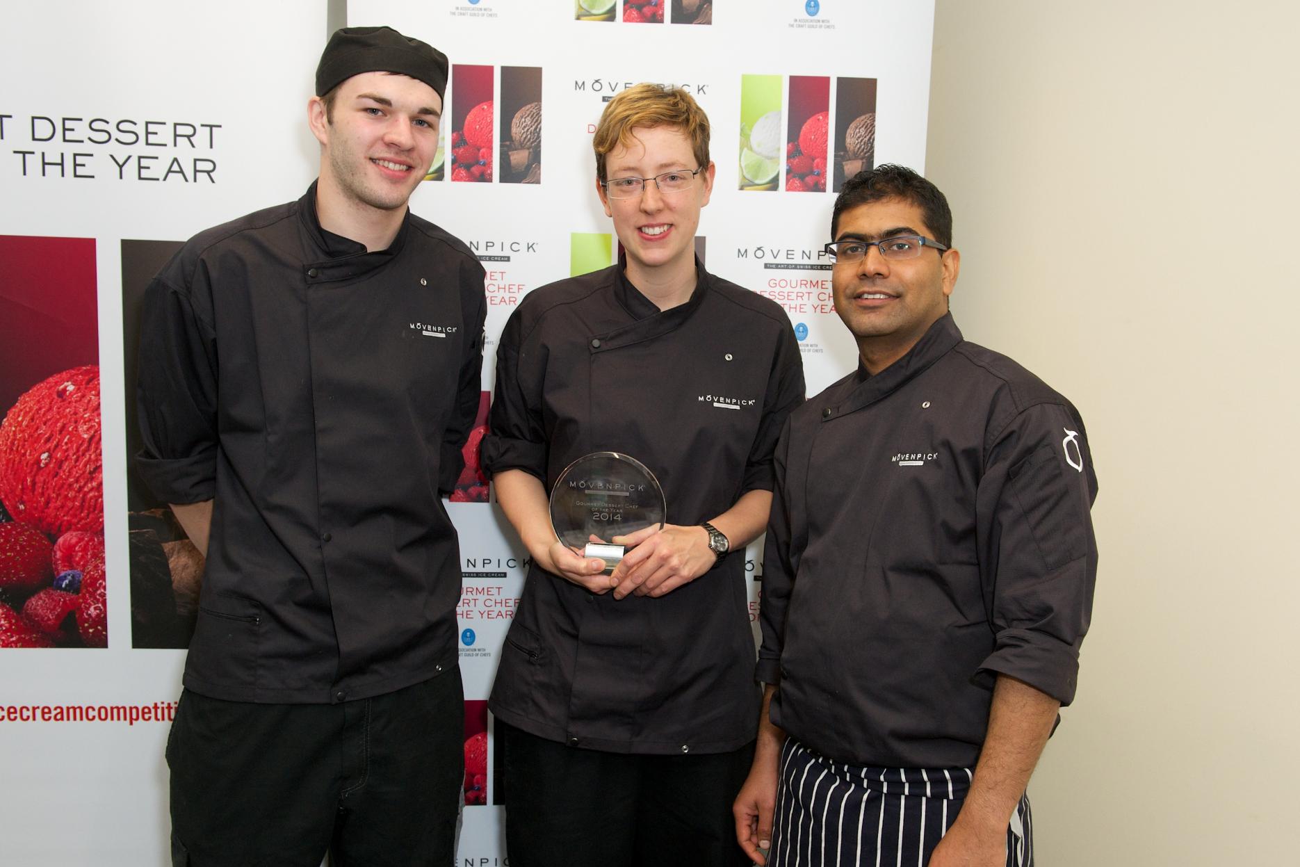 Mövenpick's winner Louise Jayne Rigden with Zac Dearden and Biju Joshwa Image of Mövenpick's winner Louise Jayne Rigden with Zac Dearden and Biju Joshwa
