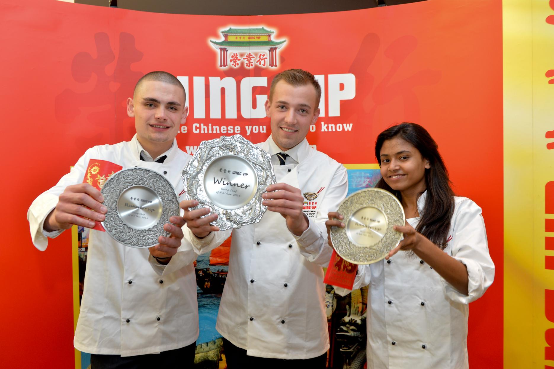 Winner Robert Hall with runners-up Joshua Anderson and Princia Fernandes Picture of Robert Hall, young chef, Wing Yip, Joshua Anderson, Princia Fernandes