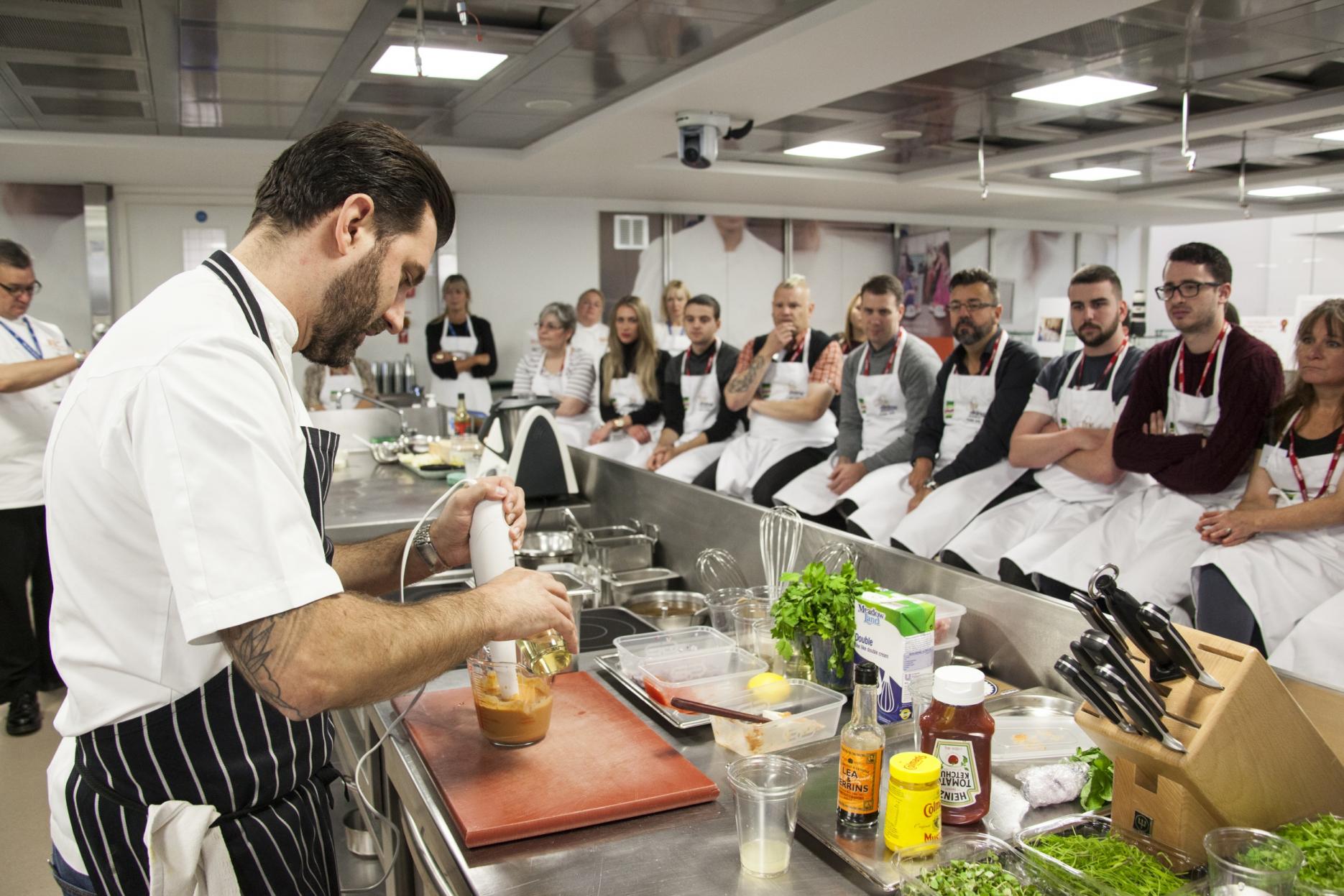 Mark Sargeant demonstrates his crab & salmon rolls Care home chefs get Michelin masterclass