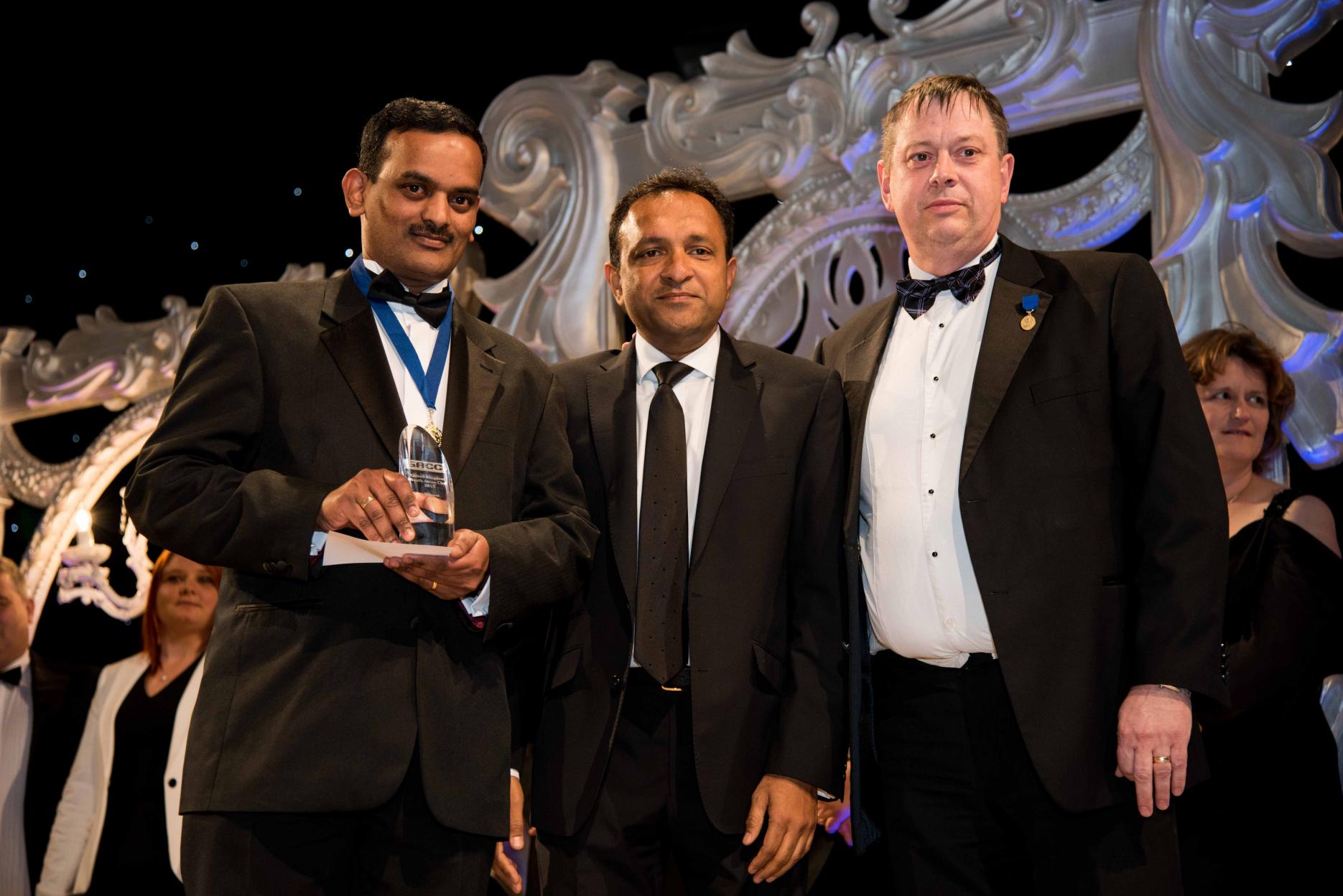 Mariappan Sethurajapillai with Bioren Parikh of Cobra Beer, one of the competition sponsors, and Andrew Green Winner of the SACC competition with sponsor Bioren Parikh and judge Andrew Green