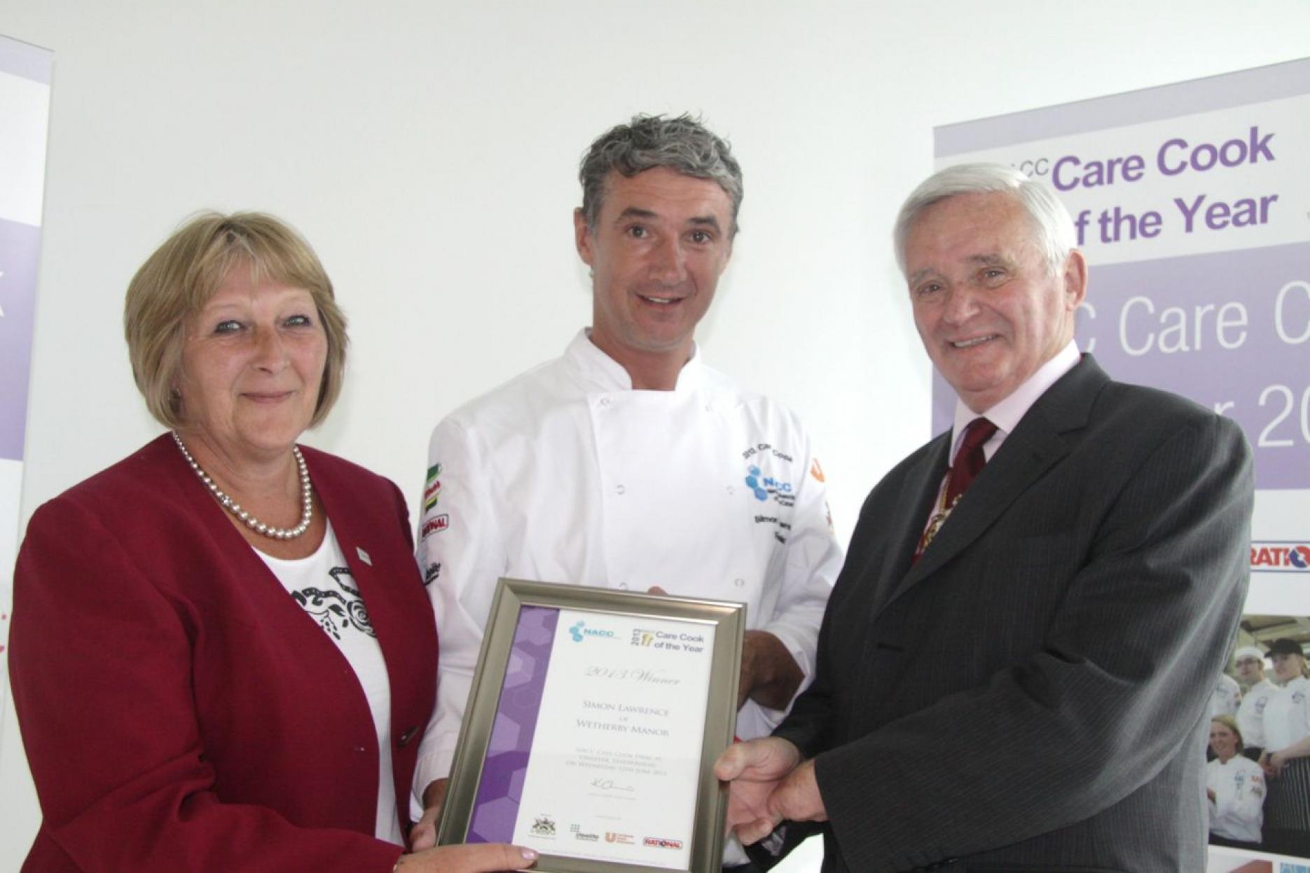 Care cook winner Simon Lawrence with Karen Oliver, chair of the NACC, and Bev Puxley of the Worshipful Company of Cooks