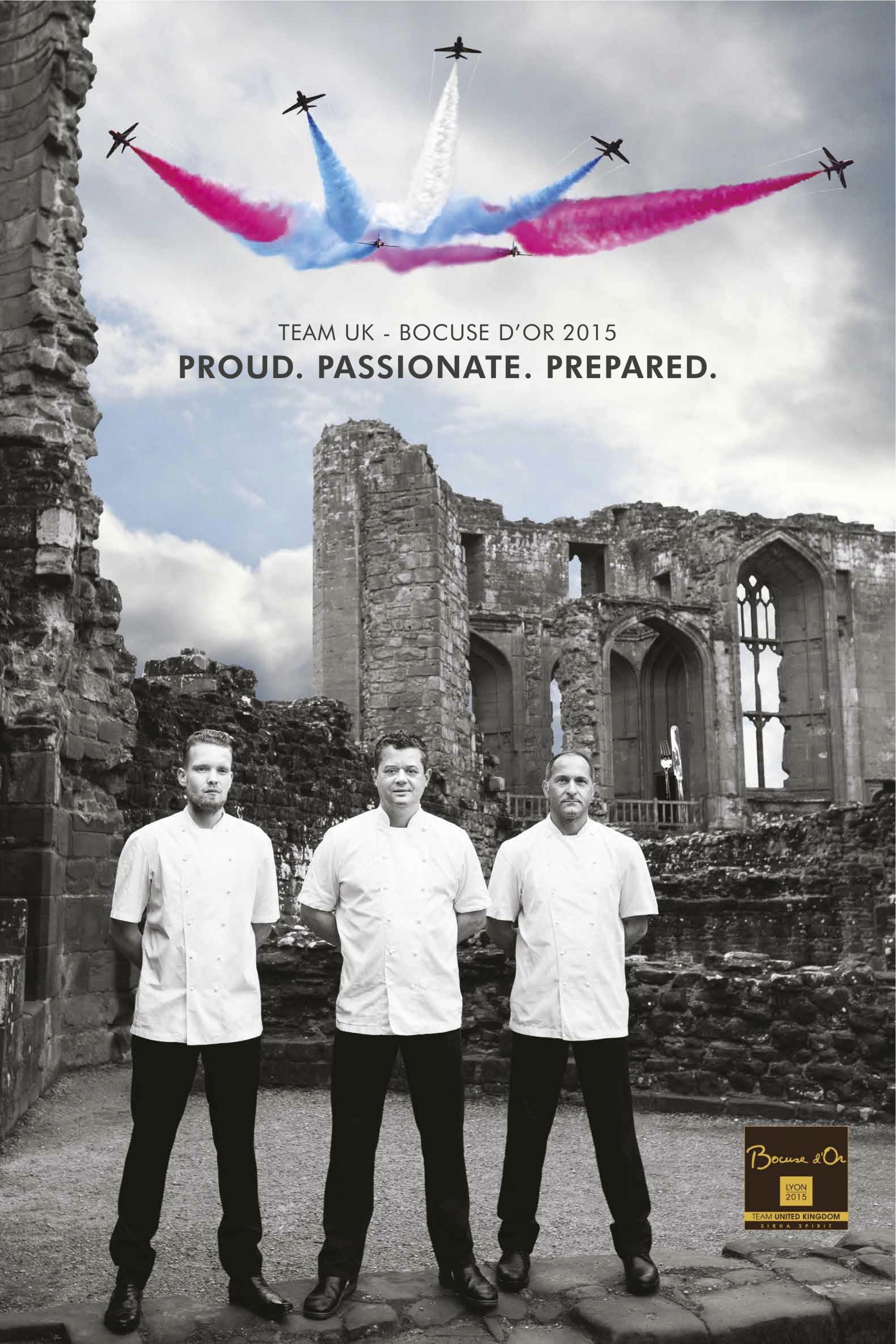Adam Bennett, candidate, Idris Caldora, Coach and Josh Allen, commis chef were photographed standing in front of the historic Kenilworth Castle Bocuse d'Or Team UK unveils promotional poster