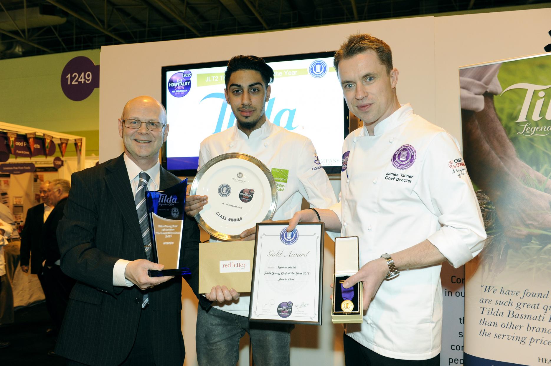 Mark Lyddy, head of Tilda Foodservice, winner Krishan Makol, and James Tanner, chef director (from left to right) Tilda Young Chef of the Year announced at The Hospitality Show